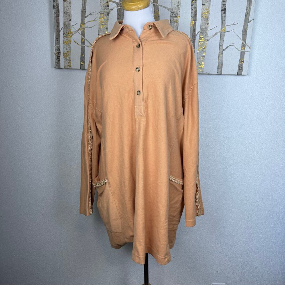 NWT The GREii Knit Popover Sweatshirt Polo Top Melon Orange Large